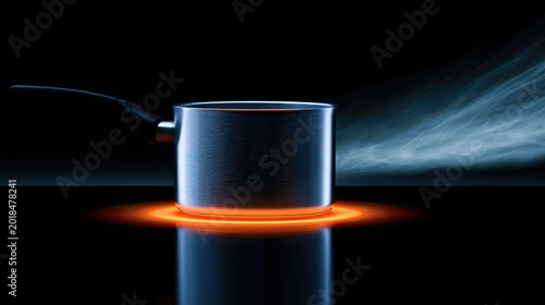 Metal pot heating on radiant element, steam rising, dark background