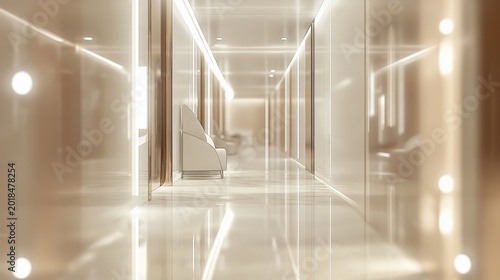 Modern, luxurious empty hallway with bright lights and shiny reflective surfaces