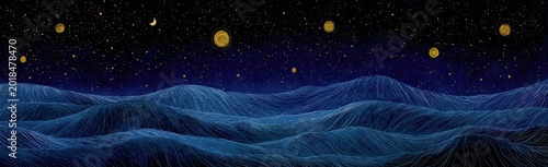 An impressionistic painting of a deep blue, wavy ocean under a starry night sky
