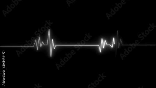 Glowing white heartbeat ekg line on a solid black background, representing medical vital signs
