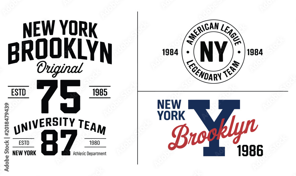 Fototapeta premium Vintage NYC Varsity Athletics Typography Vector Set for Collegiate T-shirt Design and Brooklyn Sports Apparel