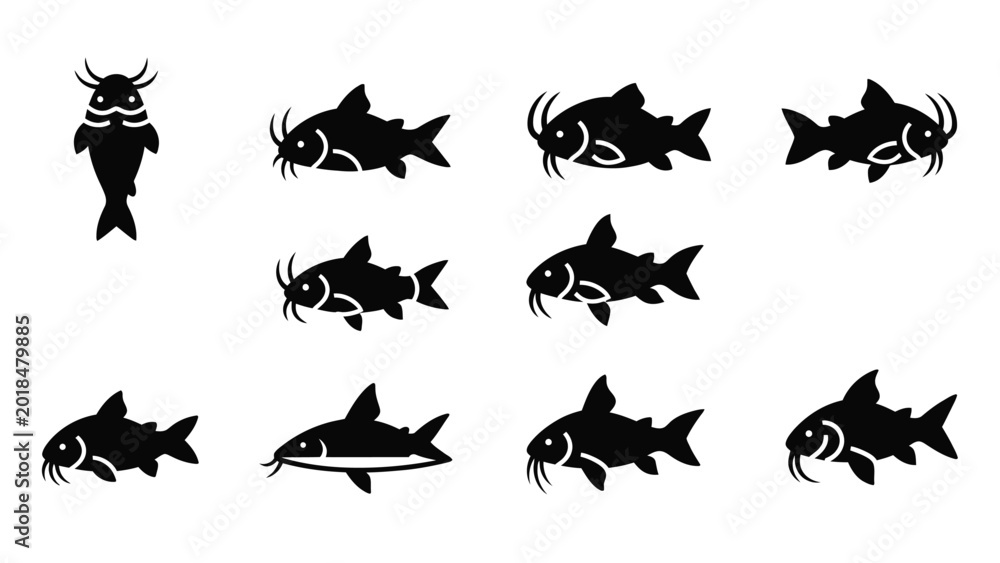 Fototapeta premium Freshwater catfish silhouettes and swimming fish icons collection.