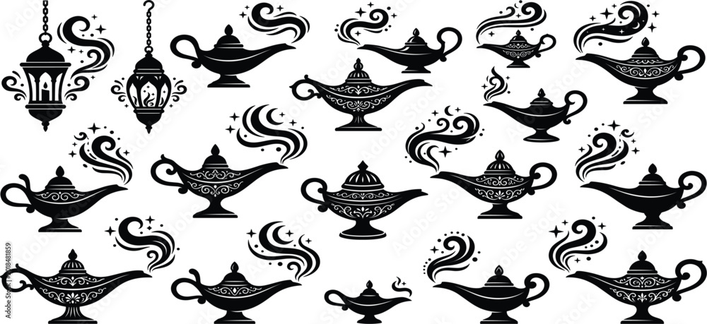 Fototapeta premium Magic Genie Lamp Vector Collection Featuring Arabian Lanterns, Fantasy Aladdin Oil Lamps, Mystical Smoke Effects, and Decorative Middle Eastern Illustration Elements