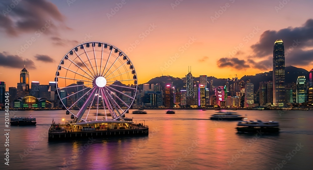 Obraz premium Ferris wheel and city skyline at sunset scenic waterside view