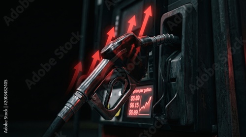 Rising Gas Prices and Inflation Impact Concept with Fuel Nozzle and Glowing Red Upward Arrows Showing Expensive Gasoline Costs and Energy Crisis Economic Trends at Gas Station Pump Price Display