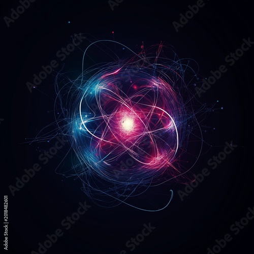 Atom with rotating electrons, energy and matter concept background