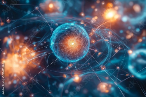 Atom with rotating electrons, energy and matter concept background