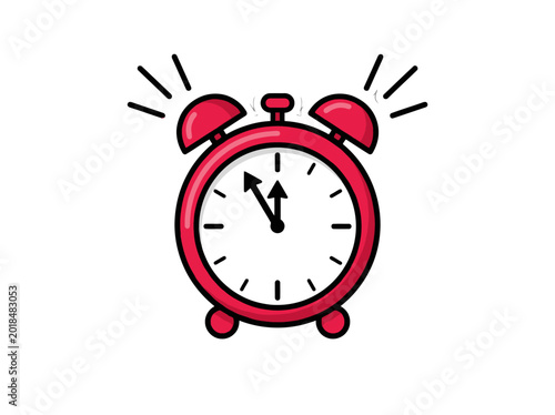 Red alarm clock ringing on white background