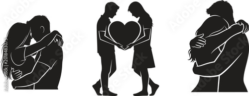 Black silhouettes, couples in love, romantic gestures, heart shape, people icons