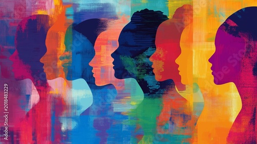 Group of women silhouette with colorful abstract texture. Female diversity concept
