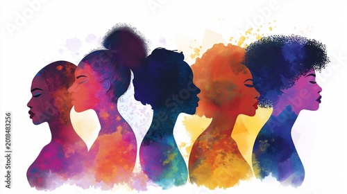 Row of five watercolor women silhouettes with diverse hairstyles on white