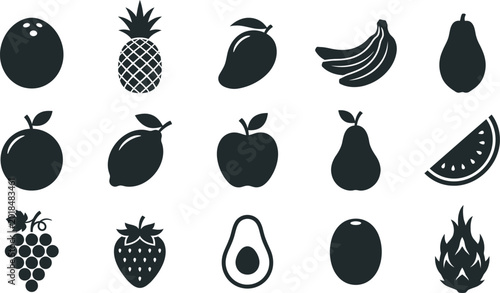Bild auf Leinwand Black fruit 16 symbols on white background, including apple, banana, pineapple,