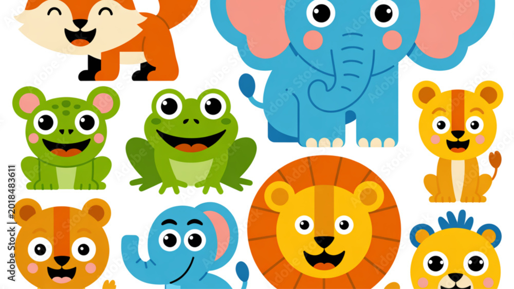 Obraz premium Colorful cartoon animals and monsters playing together in a cheerful group Vector