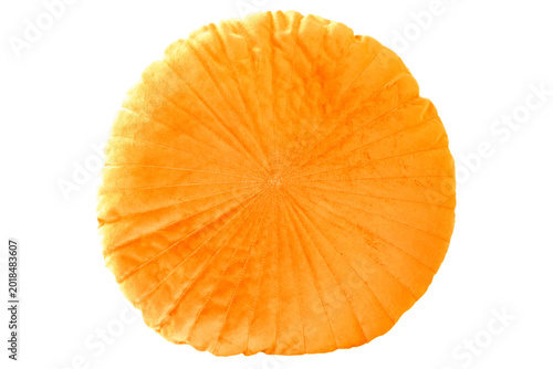 Round orange pillow isolated. Yellow soft cushion. One pillow with decorative fluffy cover. Top view.