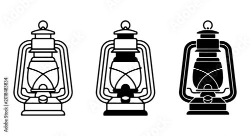 Foto Vintage Oil Lantern Icons, Retro Kerosene Lamp Vector Set, Classic Lighting Grap