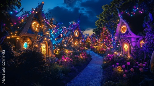 Enchanted fairy village with glowing windows nestled in a whimsical garden at dusk
