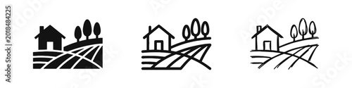 Cuadro en lienzo Agricultural Farm Landscape with House and Fields Icon Set