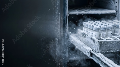 frozen laboratory medicine sample tray sliding from ultra cold pharmaceutical biotech preservation freezer