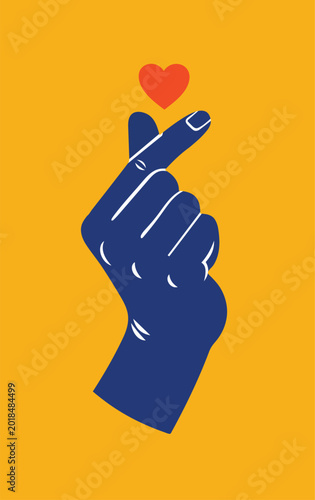 Minimalist illustration of a hand making a finger heart gesture with a small red heart icon