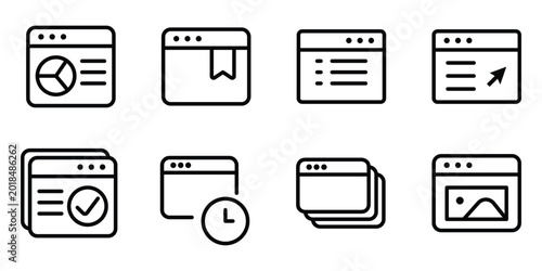 Set of flat design browser window icons with various interface elements