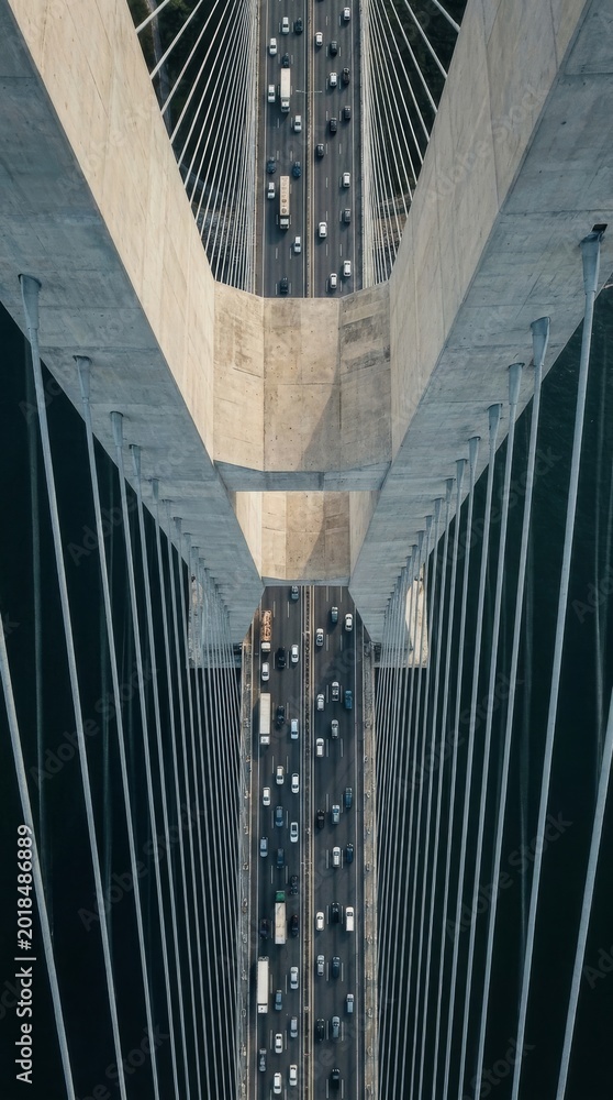 Fototapeta premium Aerial view of traffic on a suspension bridge highway