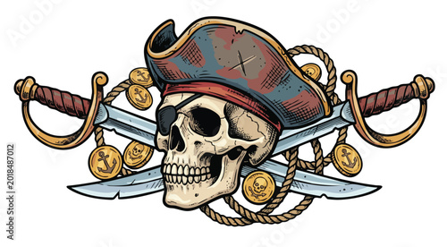 Foto Pirate skull with hat and crossed swords illustration