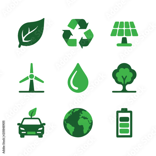 Collection of green vector icons depicting environmental protection, renewable energy sources, and sustainable living concepts for eco-conscious designs
