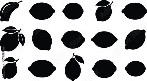Black silhouettes of lemons and limes, various orientations, on white background, citrus fruit