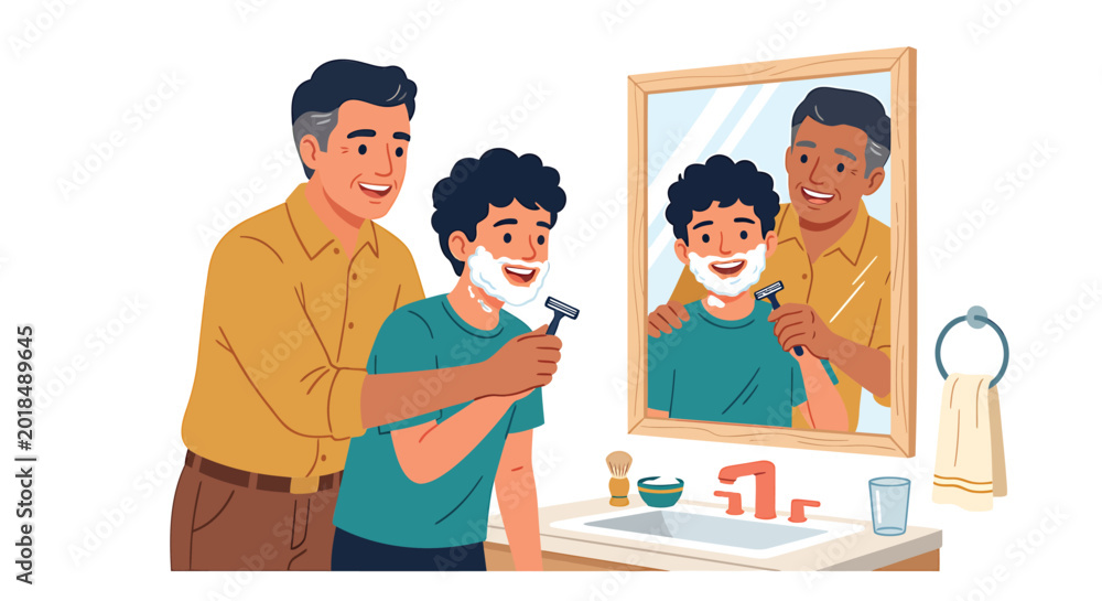 Obraz premium Father teaching son shaving, man guiding boy, shaving lesson, grooming together, family moments