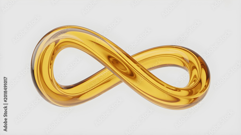 Naklejka premium Translucent amber glass infinity symbol rendered in three dimensions against a soft white background representing endless possibility.