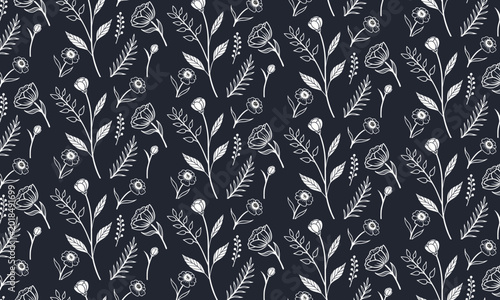 Seamless Dark Botanical Line Art Pattern, White Outline Poppy Flowers and Wheat Branches on Charcoal Background, Vector Surface Pattern for Textile Wallpaper and Luxury Packaging