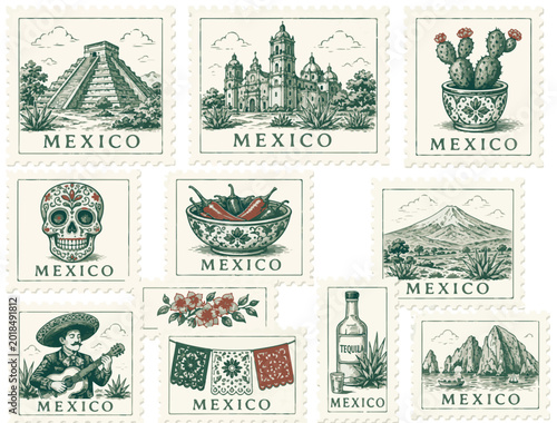 Vintage Mexico postage stamp collection, retro hand drawn Mexican travel stickers with landmarks and culture, set of 11 engraved vector illustrations for tourism and scrapbooking