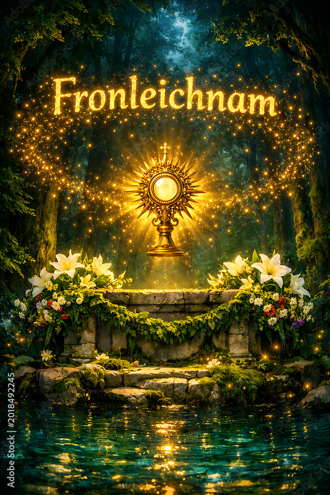 Obraz premium Fronleichnam golden monstrance in glowing forest, mystical spiritual altar, sacred communion symbol, divine light reflection, peaceful worship atmosphere in nature