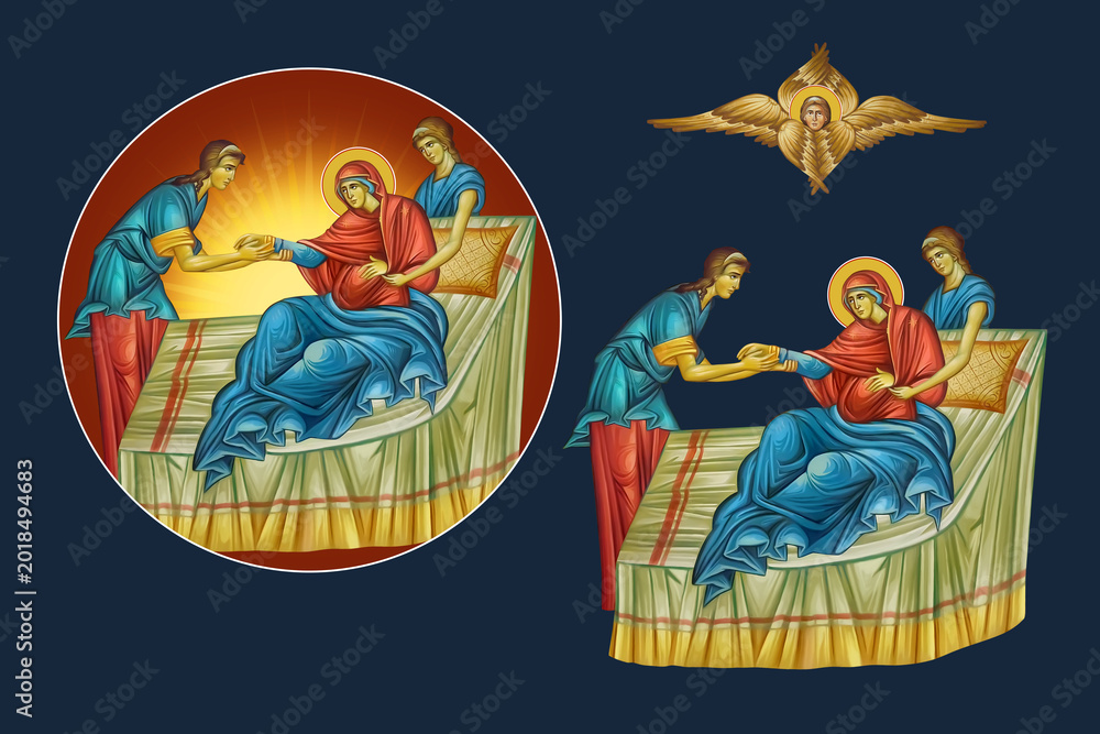 Fototapeta premium Nativity of the Blessed Virgin Mary. Illustration - fresco set in Byzantine style