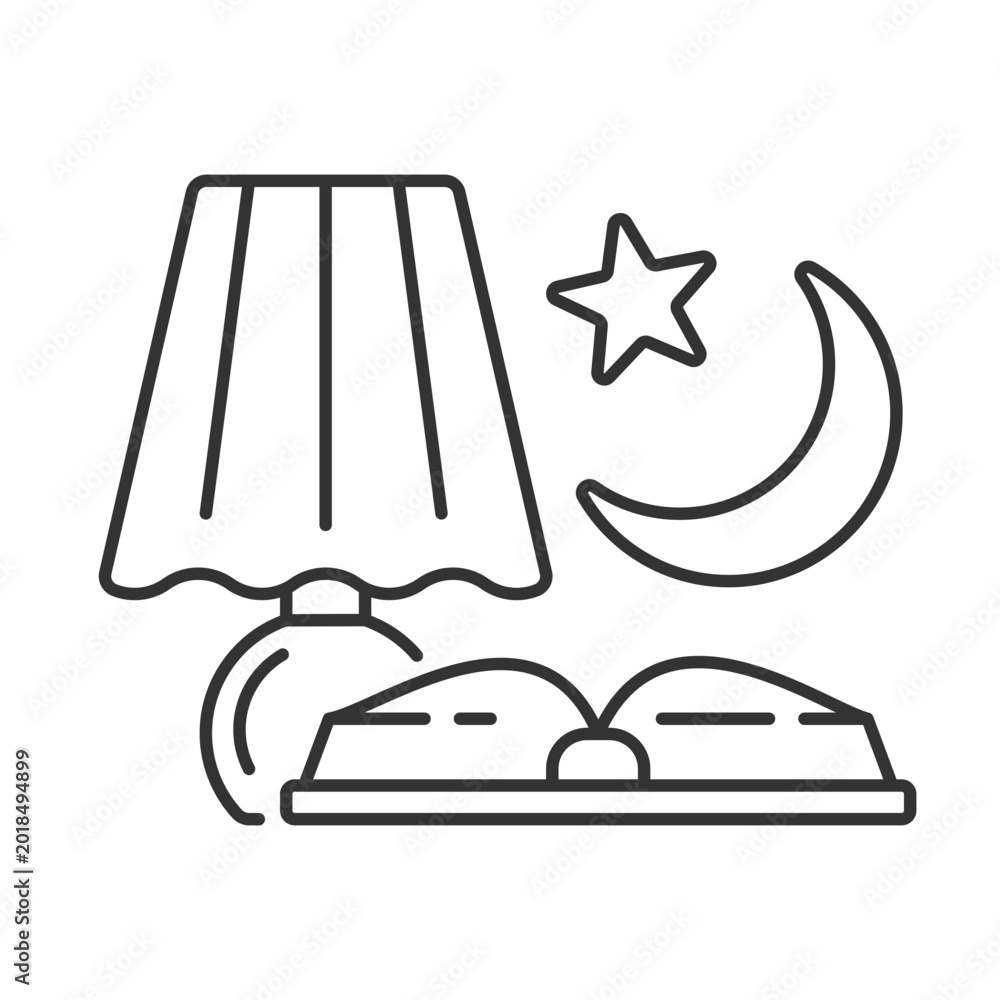 Obraz premium Evening reading linear icon. Late nighttime studying. Fairytale books to read before bedtime. Thin line customizable illustration. Contour symbol. Vector isolated outline drawing. Editable stroke