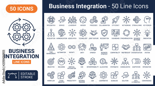 Business Integration line editable icon set. Containing Business, Integration, partnership, network, synergy, alliance, workflow, and more. Editable stroke. Vector illustration