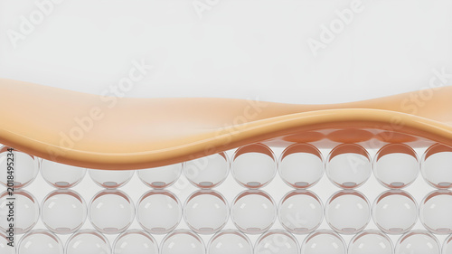 Abstract visual representation of translucent moisture beads supporting a layer of creamy cosmetic serum against a white background.