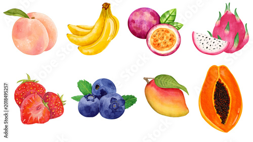 A collection of watercolor illustrations featuring a variety of fresh and ripe fruits