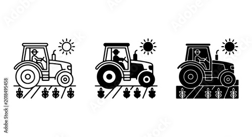 Tableau sur toile Tractor Farming Icons, Agricultural Machinery Vector Set, Rural Work Machine Gra
