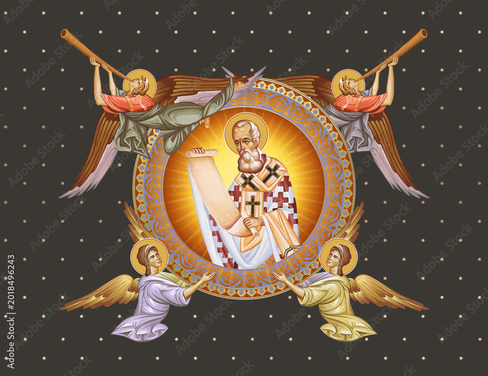 Fototapeta premium Gregory of Nazianzus. Decorative vintage illustration with angels in Byzantine style