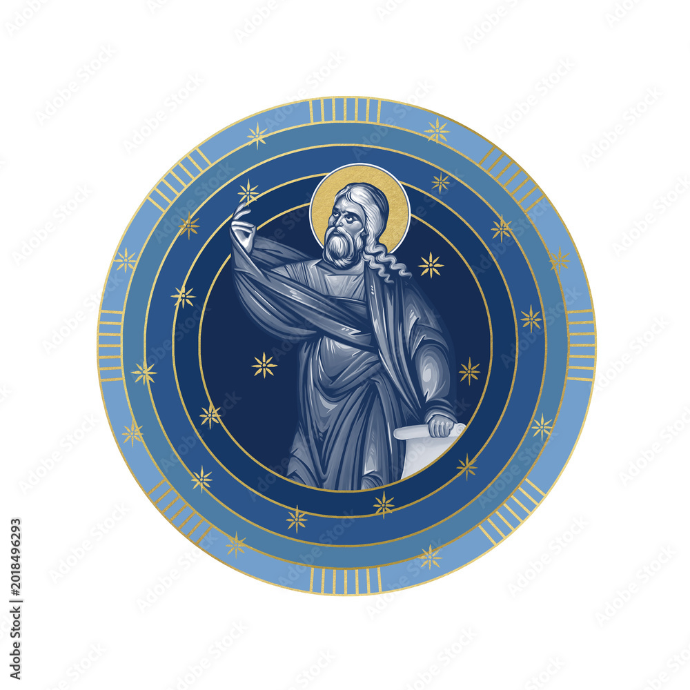 Naklejka premium Isaiah prophet. Starry sky round illustration in Byzantine style