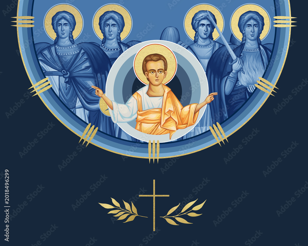 Fototapeta premium Jesus Christ Lord and Savior and four cardinal points (Archangel Gabriel, Uriel, Raphael and Michael). Illustration in Byzantine style isolated