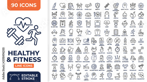Obraz na plátne Healthy & Fitness line editable icon set