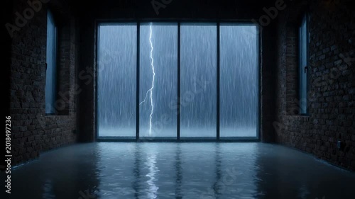 Dramatic Stormy Night View Through Large Frosted Glass Window With Lightning Strike Illuminating Heavy Rain and Flooded Brick Room Interior