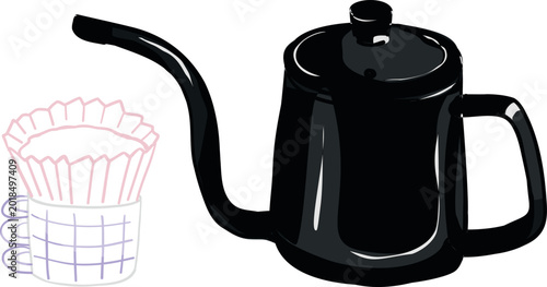 Photos A sleek, professional black gooseneck kettle for pour-over coffee, paired with a stylish checkered drip-filter cup