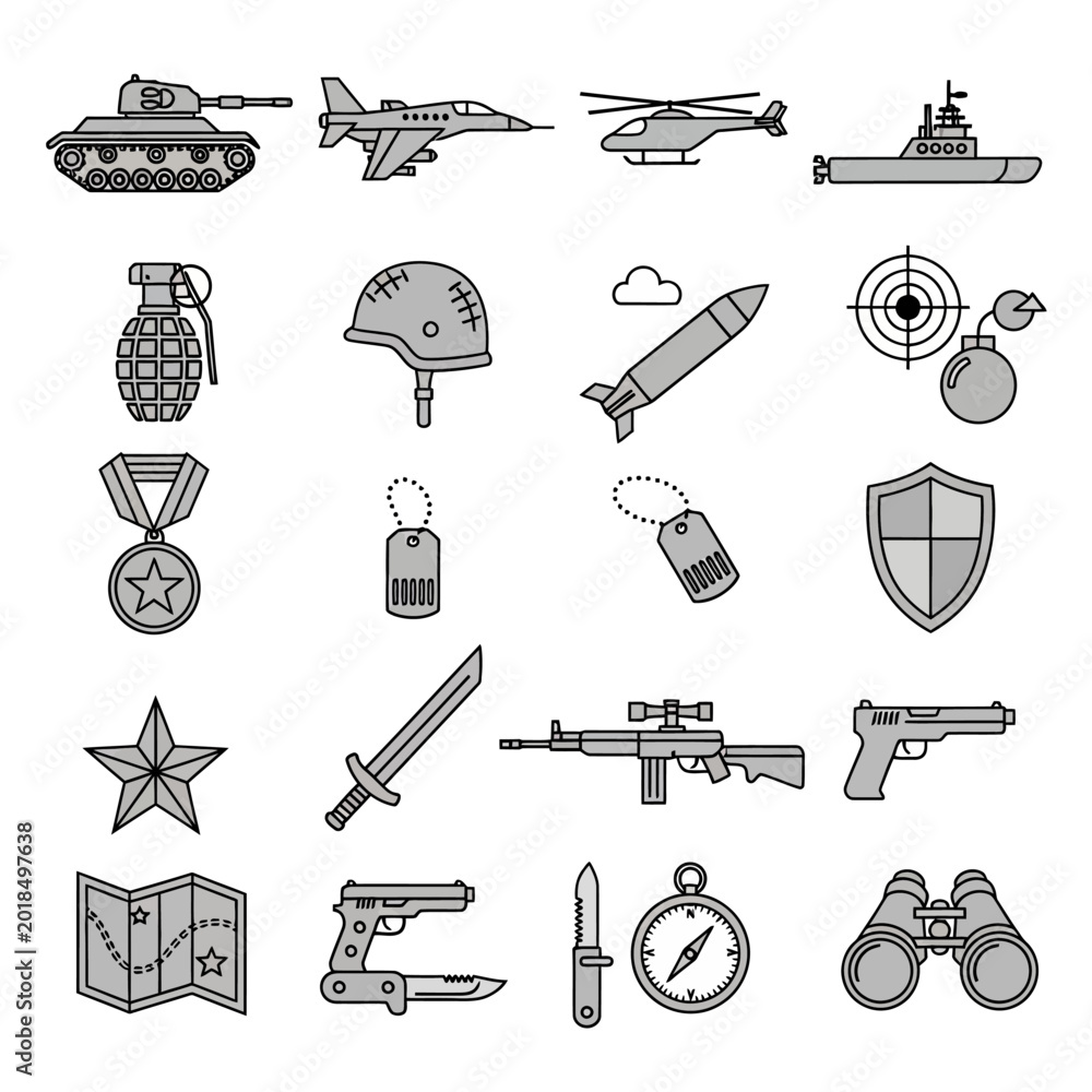 Fototapeta premium Military Icons Set: War, Army, Weapons, Illustration