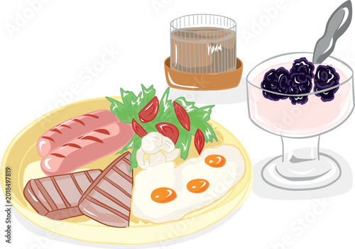 Fotografi A hearty full breakfast plate featuring grilled sausages, steak slices, sunny-side-up eggs, and a fresh salad