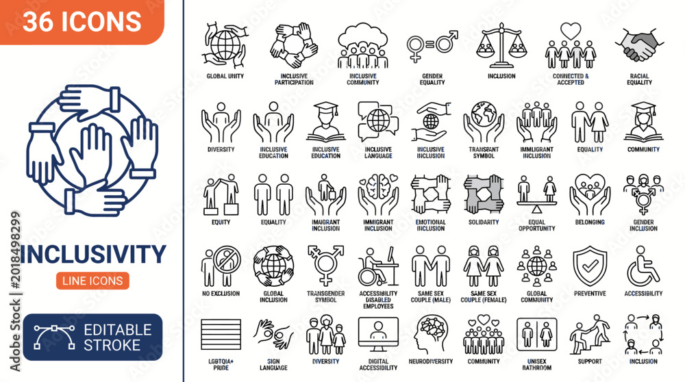Naklejka premium Inclusivity line editable icon set. Editable stroke. Vector illustration