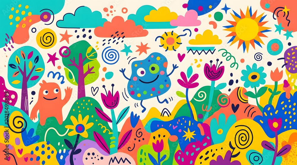 Fototapeta premium Cartoon landscape with whimsical smiling monsters flowers trees suns in a cheerful world landscape whimsical colorful monsters cheerful imaginative creatures patterns abstract children