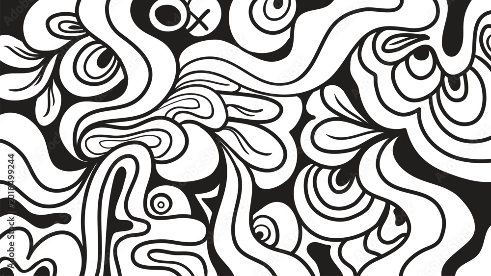Fototapeta premium Abstract black and white doodle drawing with wavy lines, suitable for graphic design projects, web backgrounds, or artistic presentations.
